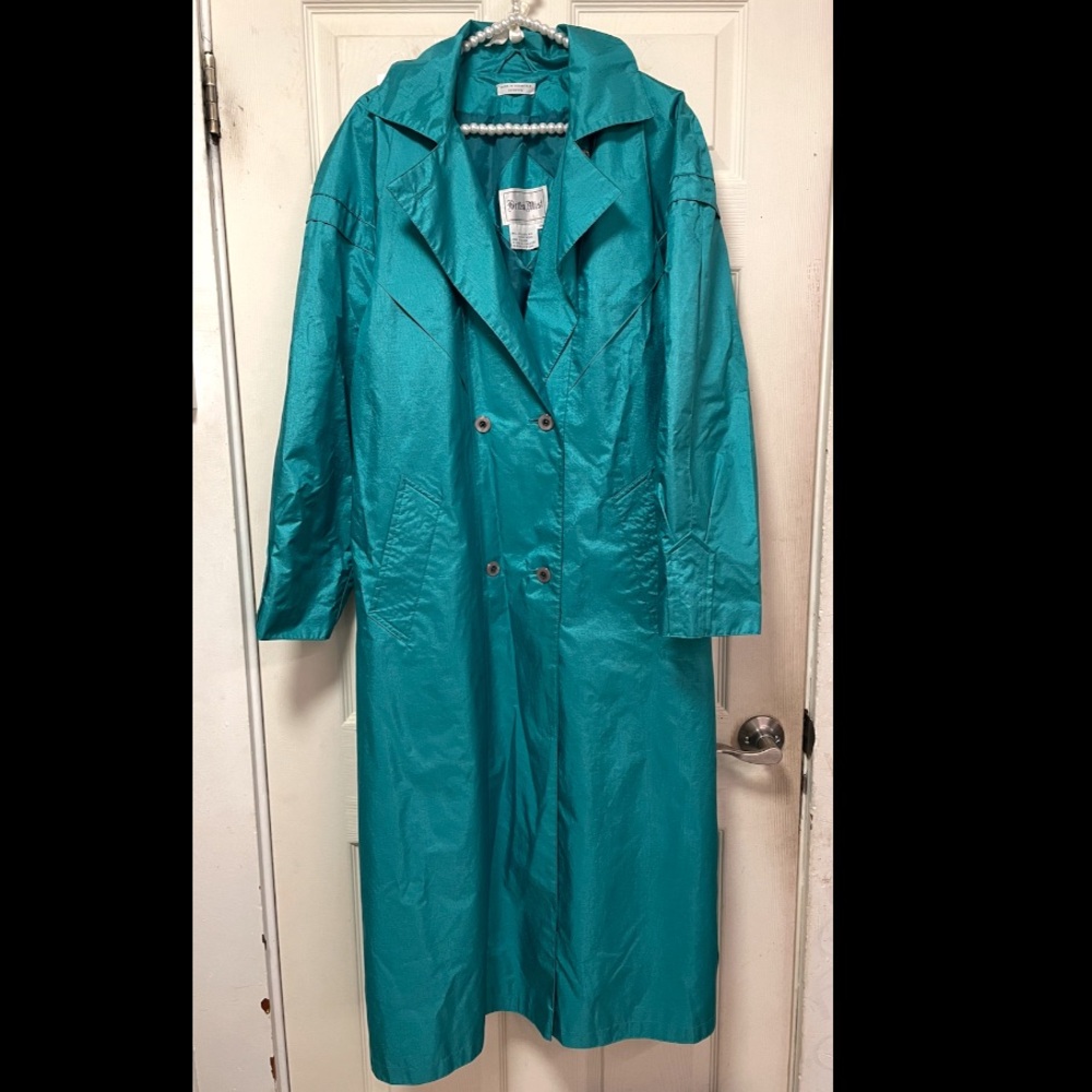 VTG British Mist Raincoat Trench Teal Women 16 Rubber Backing Double Breasted